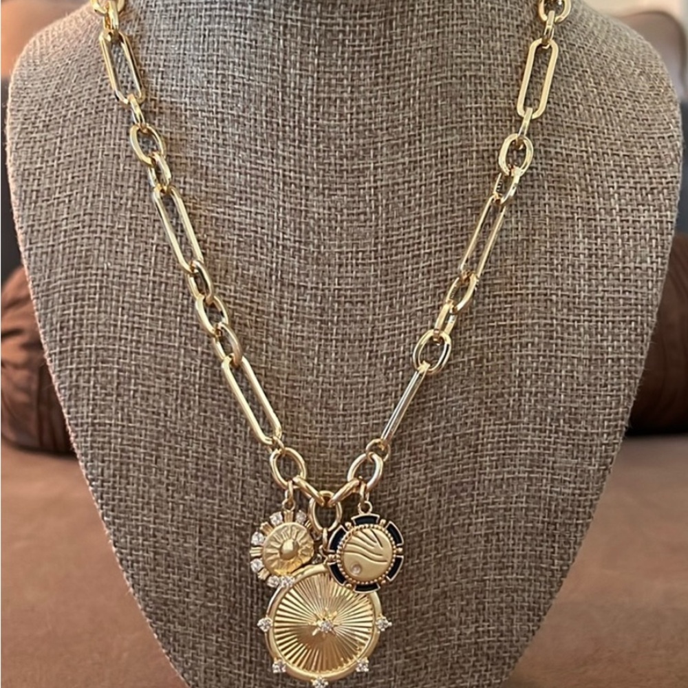 Gold Plated Triple Medallion Charm Necklace- New